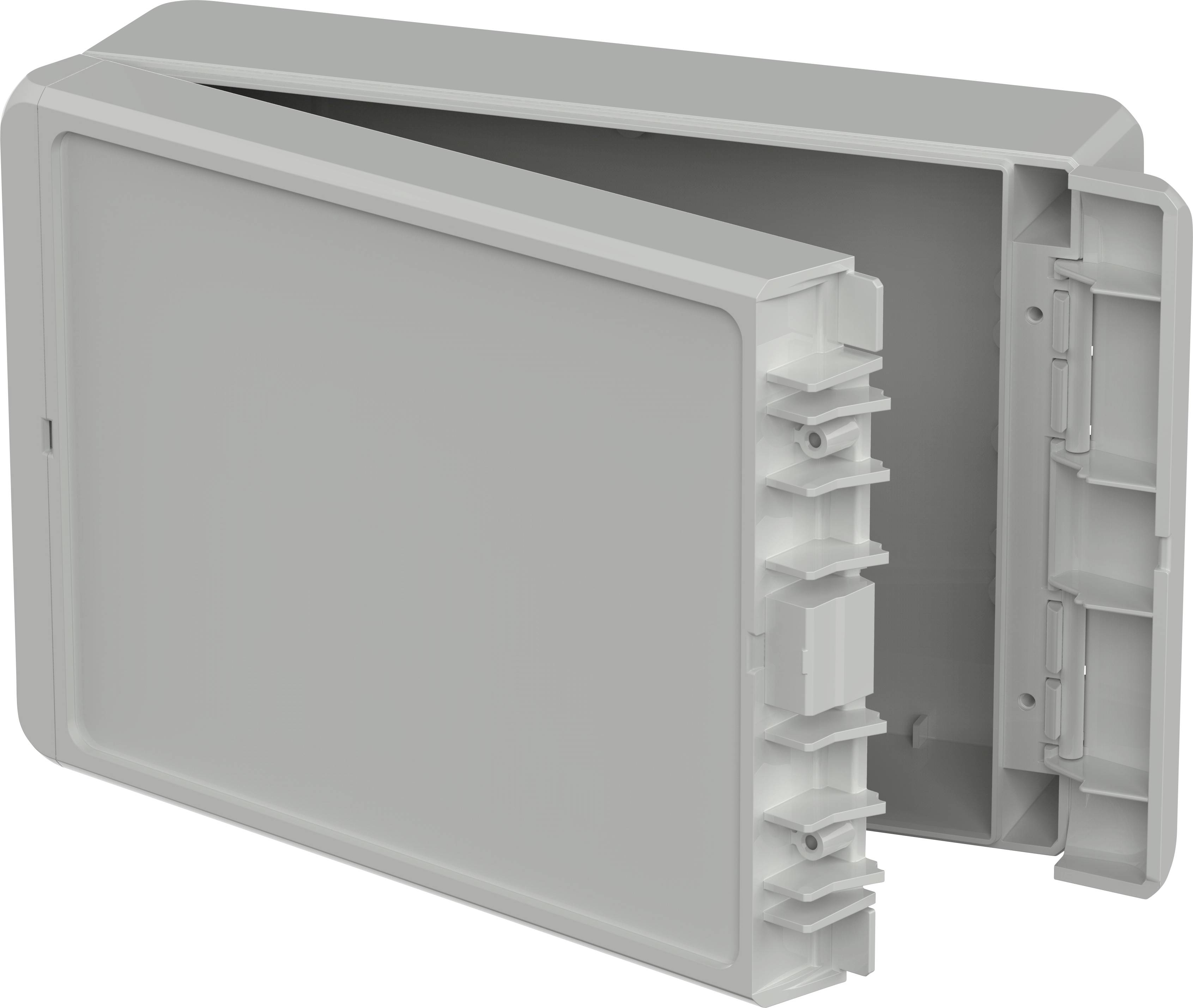 Ein rechteckiges, graues Plastikgehäuse mit abnehmbarem Deckel, das teilweise geöffnet ist und die internen Strukturen zeigt.