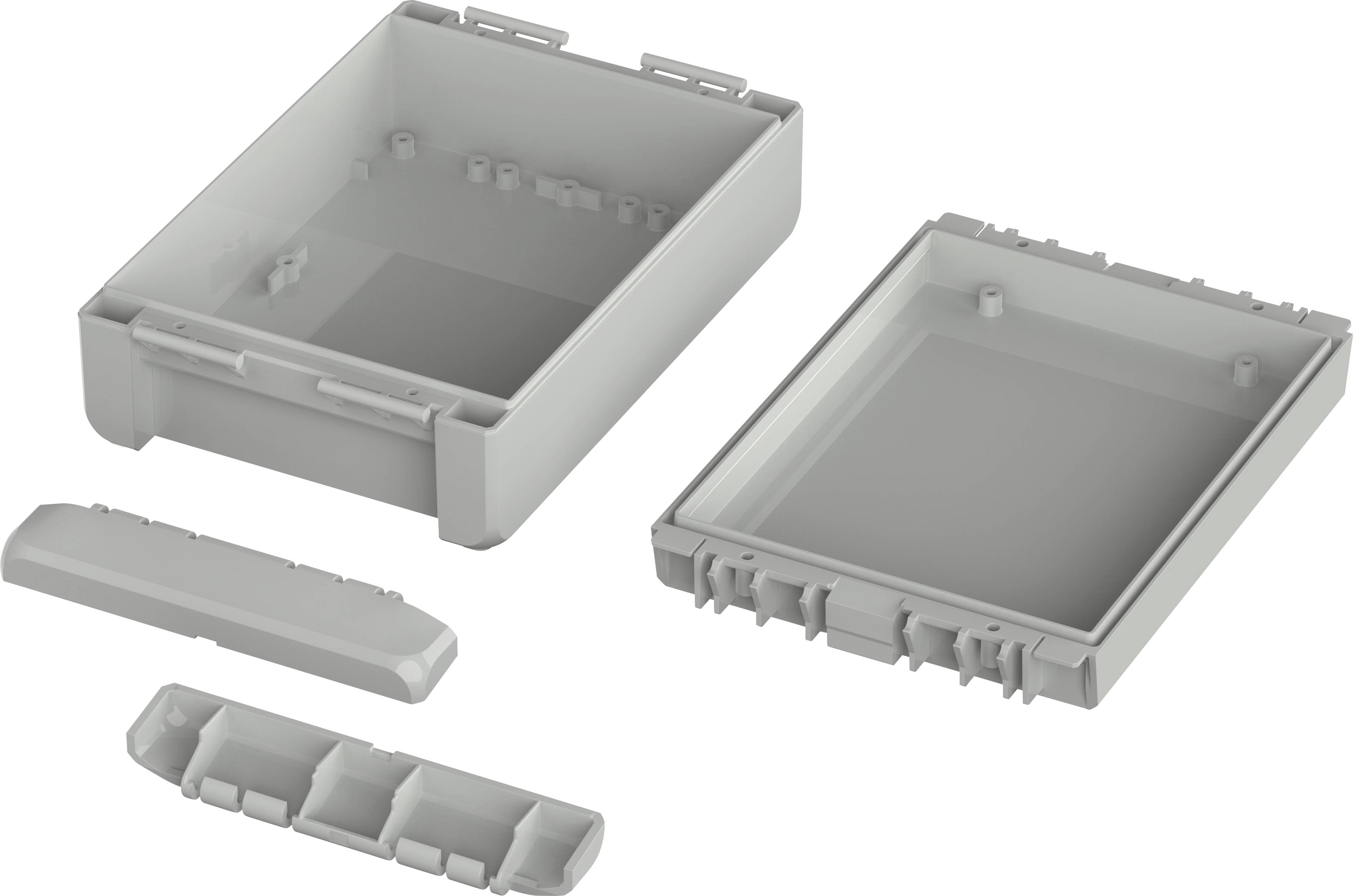 Gehäuse aus Kunststoff, bestehend aus zwei großen rechteckigen Teilen und zwei schmalen Abdeckleisten, in grauer Farbe.