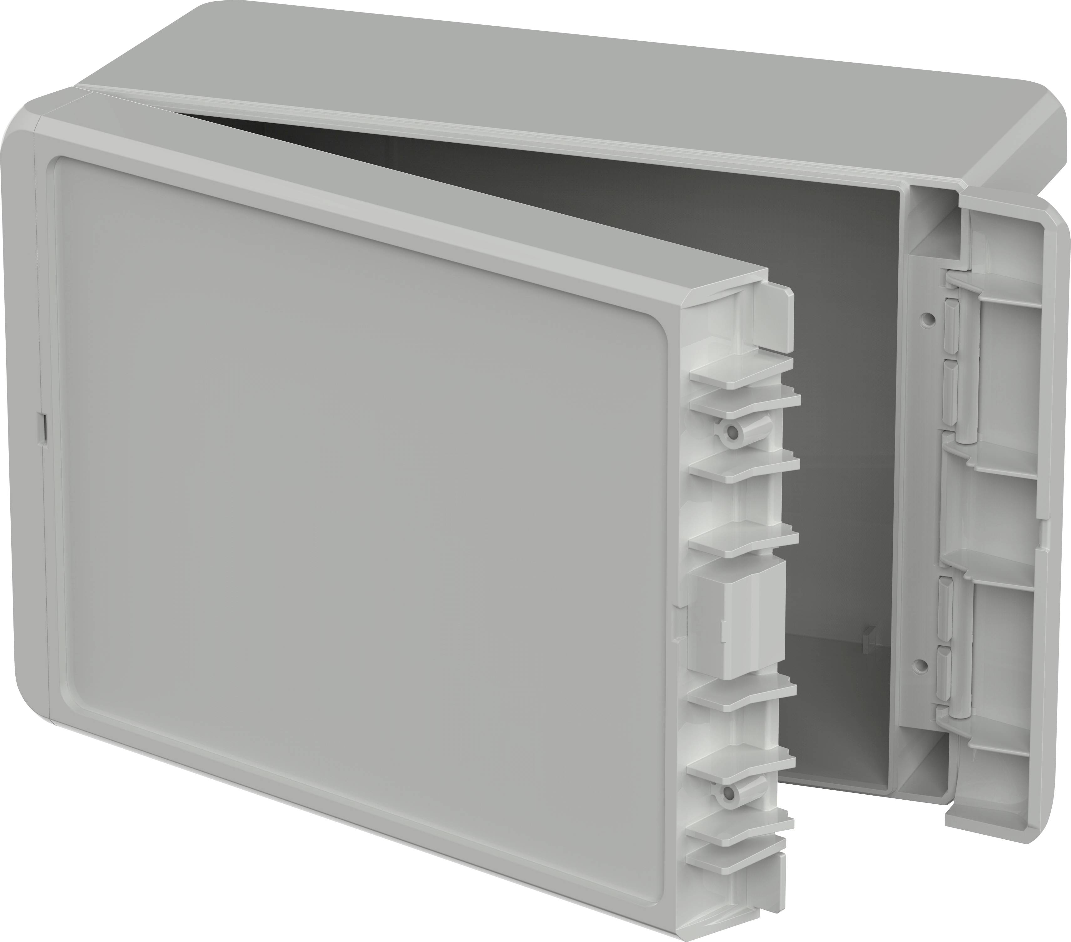 Graues Kunststoffgehäuse mit aufgeklapptem Deckel, zeigt innere Fächer und Halterungen.