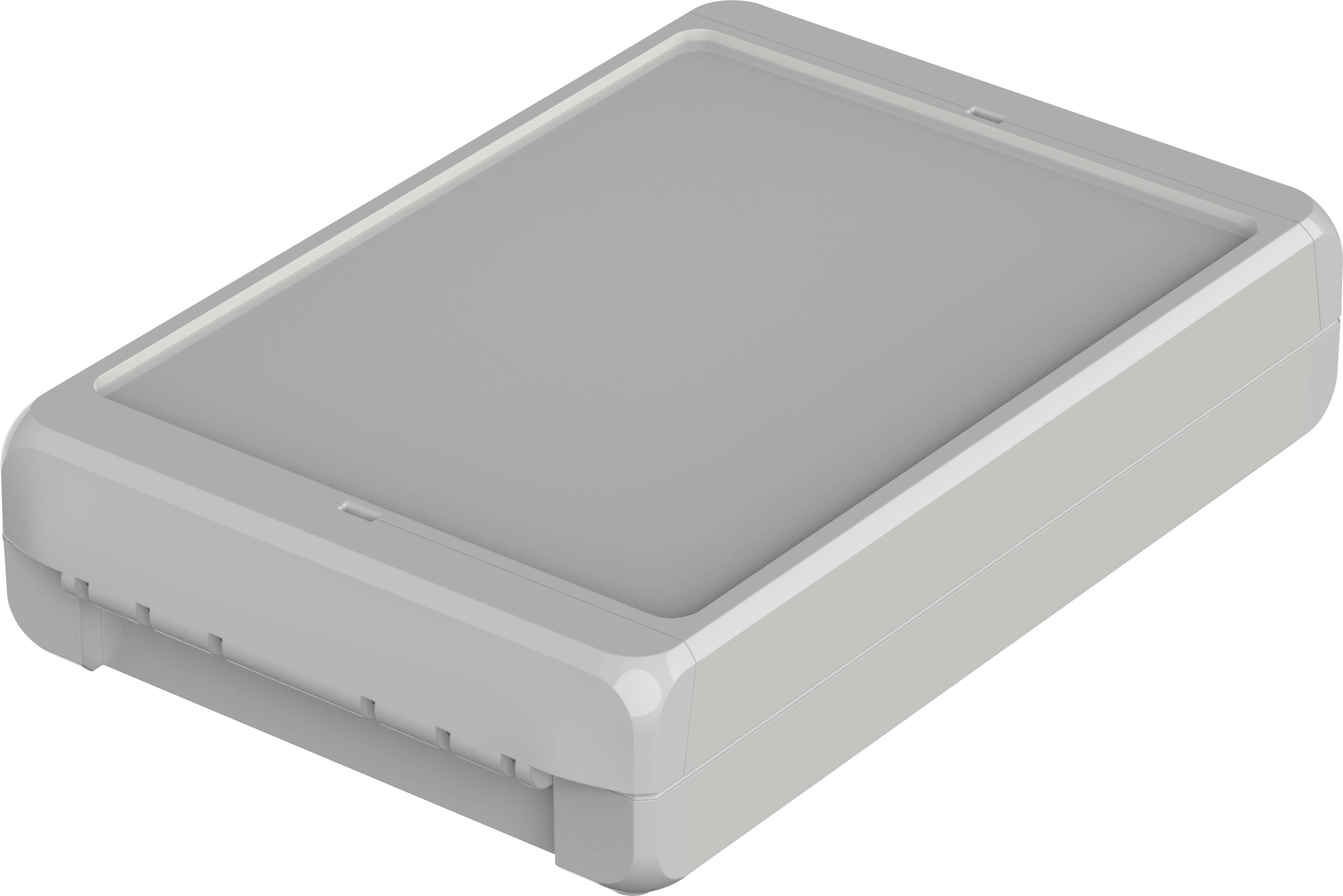 Eine rechteckige, graue Kunststoffbox mit abgerundeten Ecken und einem flachen Deckel. Sieht aus wie ein Gehäuse für Elektronikgeräte.