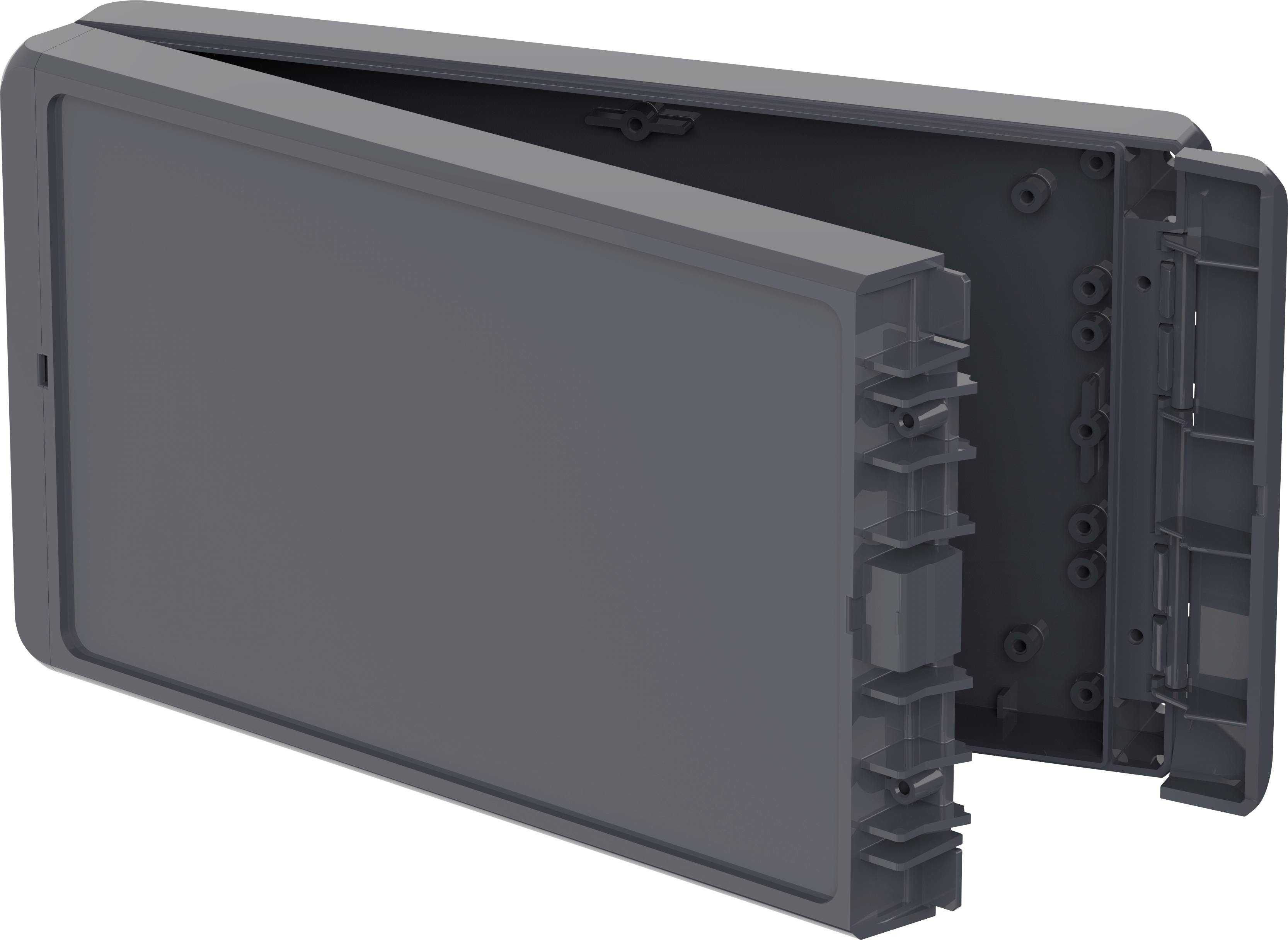 Ein geöffneter grauer Elektronikgehäusekasten aus Kunststoff mit sichtbaren Schraubenlöchern und Innenstruktur, geeignet für Heimwerkerprojekte.