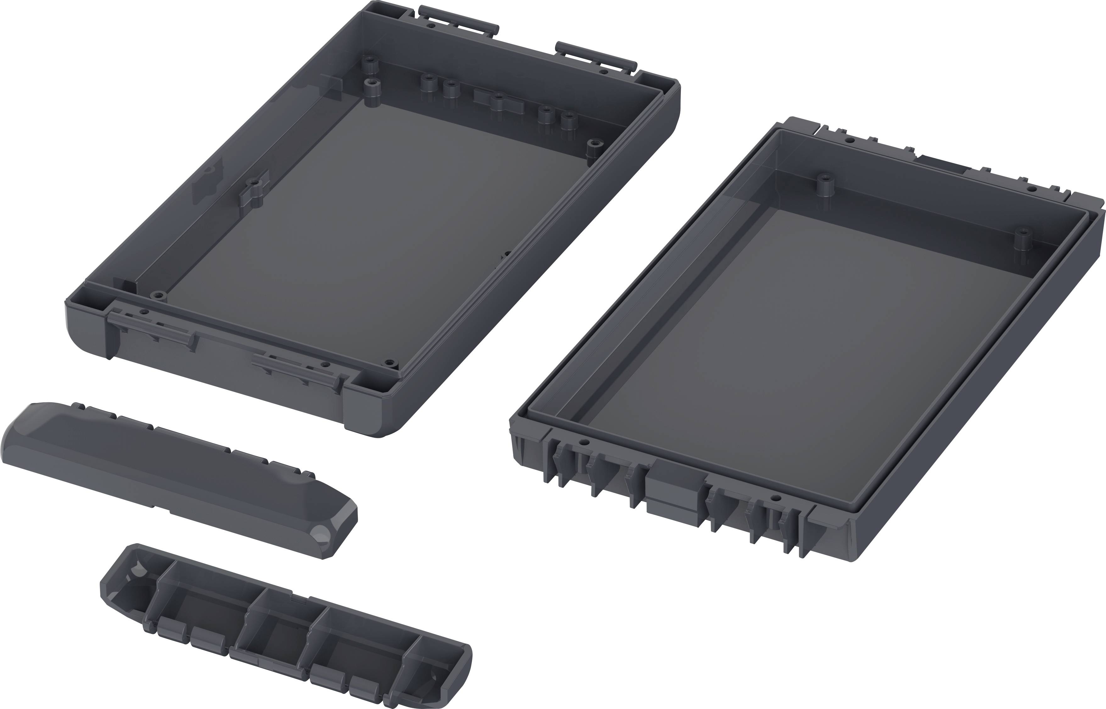 Ein schwarzes, rechteckiges Gehäuse bestehend aus mehreren separaten Teilen, möglicherweise für den Zusammenbau eines elektronischen Geräts.