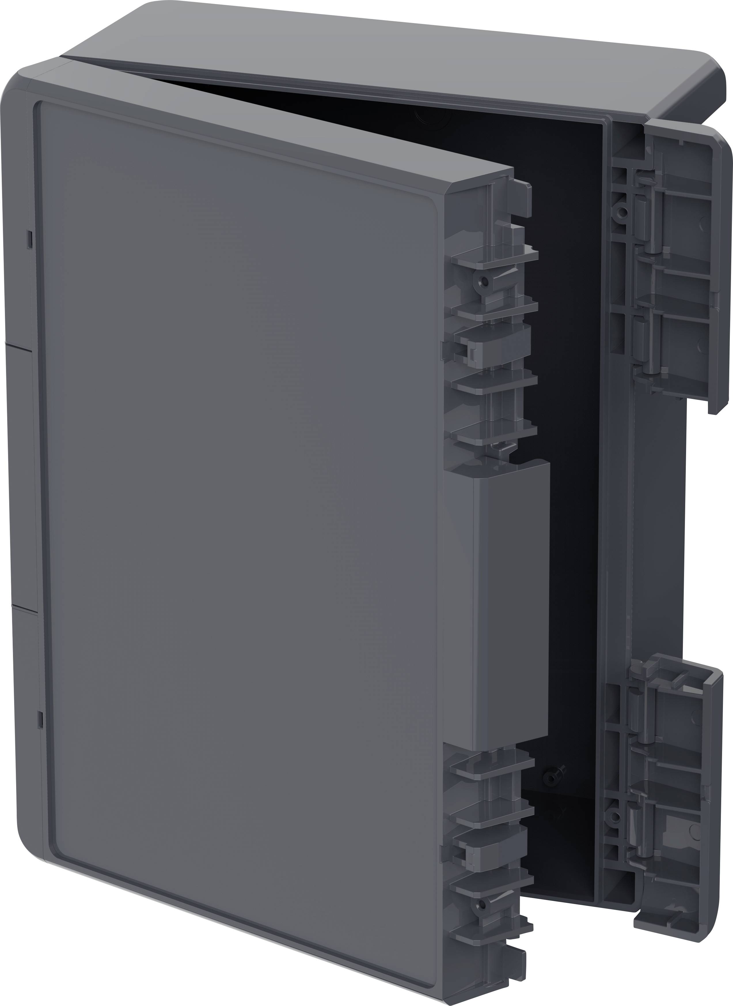 Ein dunkelgraues, rechteckiges Gehäuse mit einer geöffneten Tür, das möglicherweise als Aufbewahrungs- oder Schutzbox dient.
