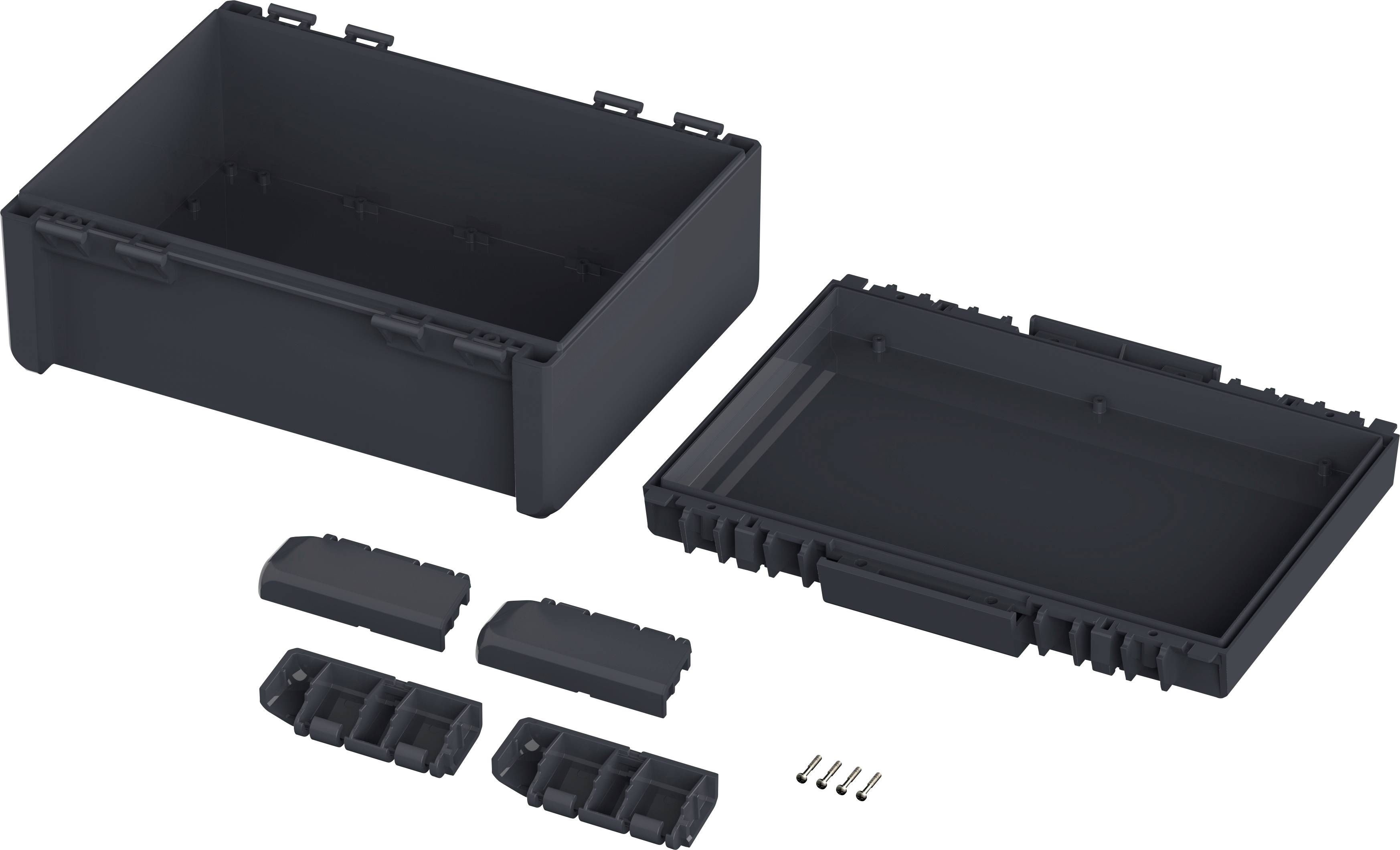 Schwarzes Kunststoff-Gehäuse mit abnehmbaren Seitenelementen und sechs kleinen Schrauben, auf weißem Hintergrund angeordnet.