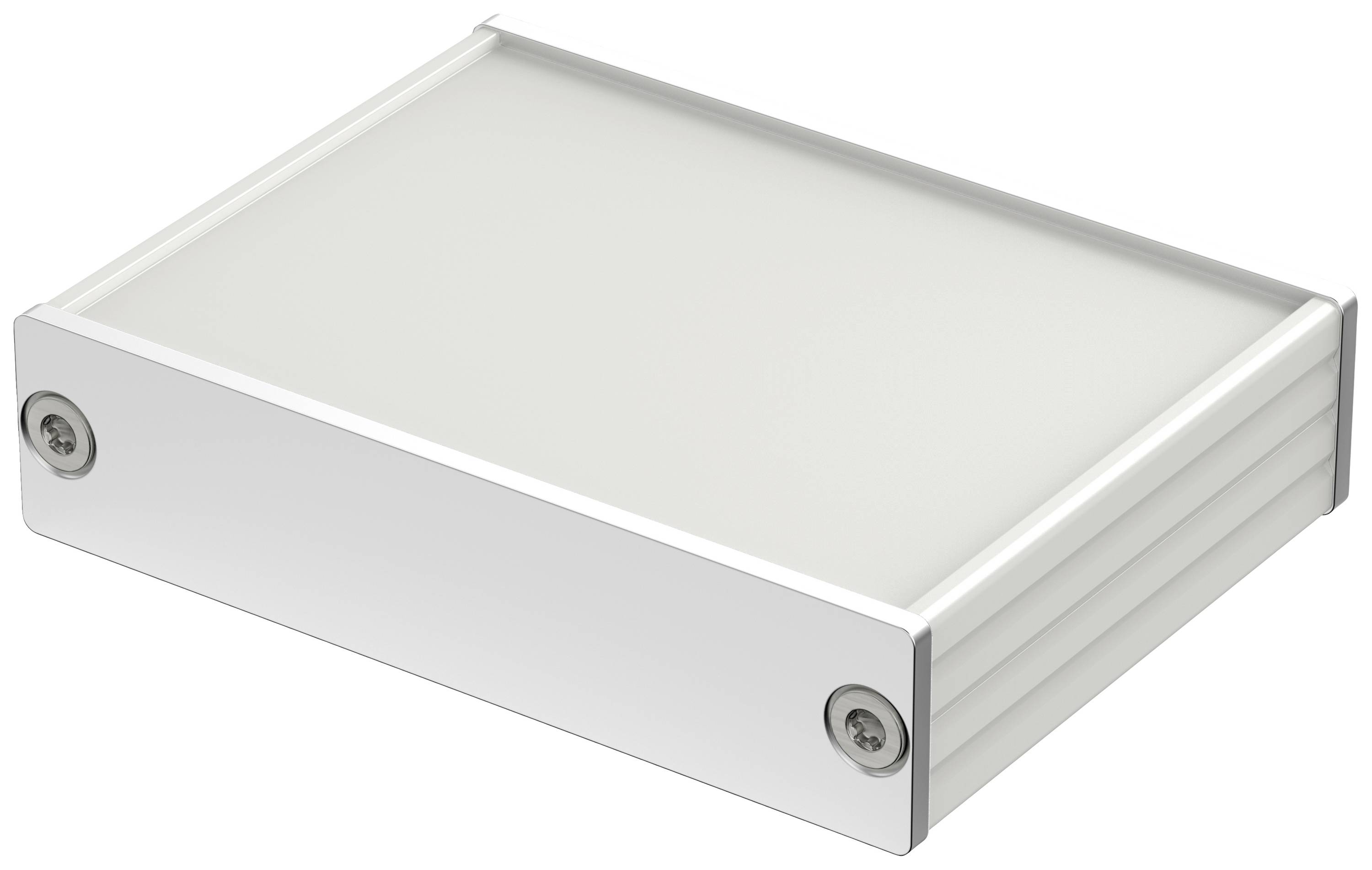 Rechteckiges, flaches Aluminium-Gehäuse mit abgerundeten Ecken und zwei Schrauben an den kurzen Seiten.
