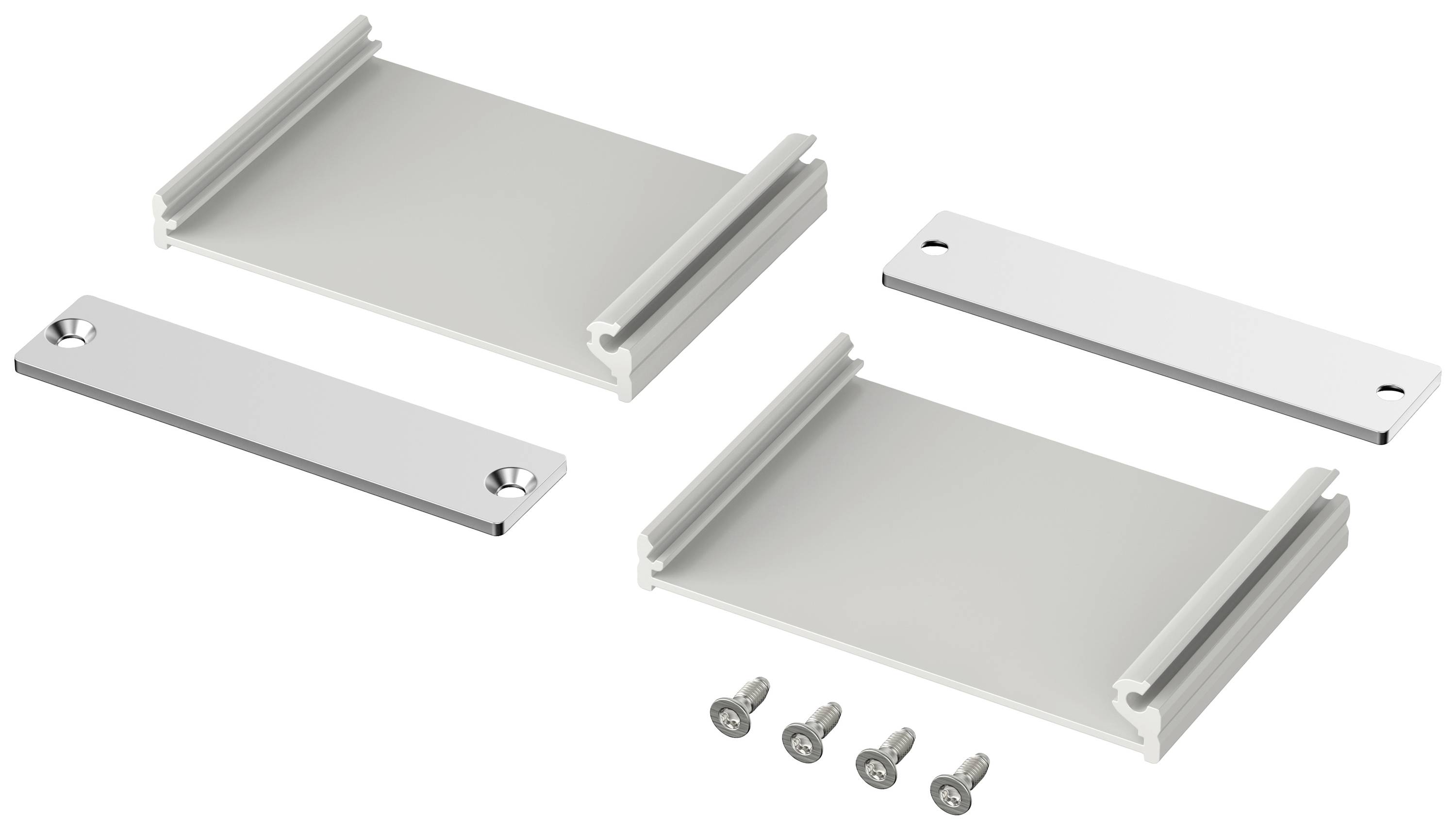 Metall-Montagesatz mit vier Schrauben und zwei Halterungen, geeignet für die Befestigung von Geräten oder Komponenten.