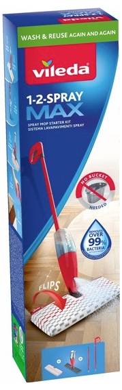 Bild einer Vileda 1-2-SPRAY MAX Sprühwischer-Schachtel, beschriftet mit „WASH & REUSE AGAIN AND AGAIN