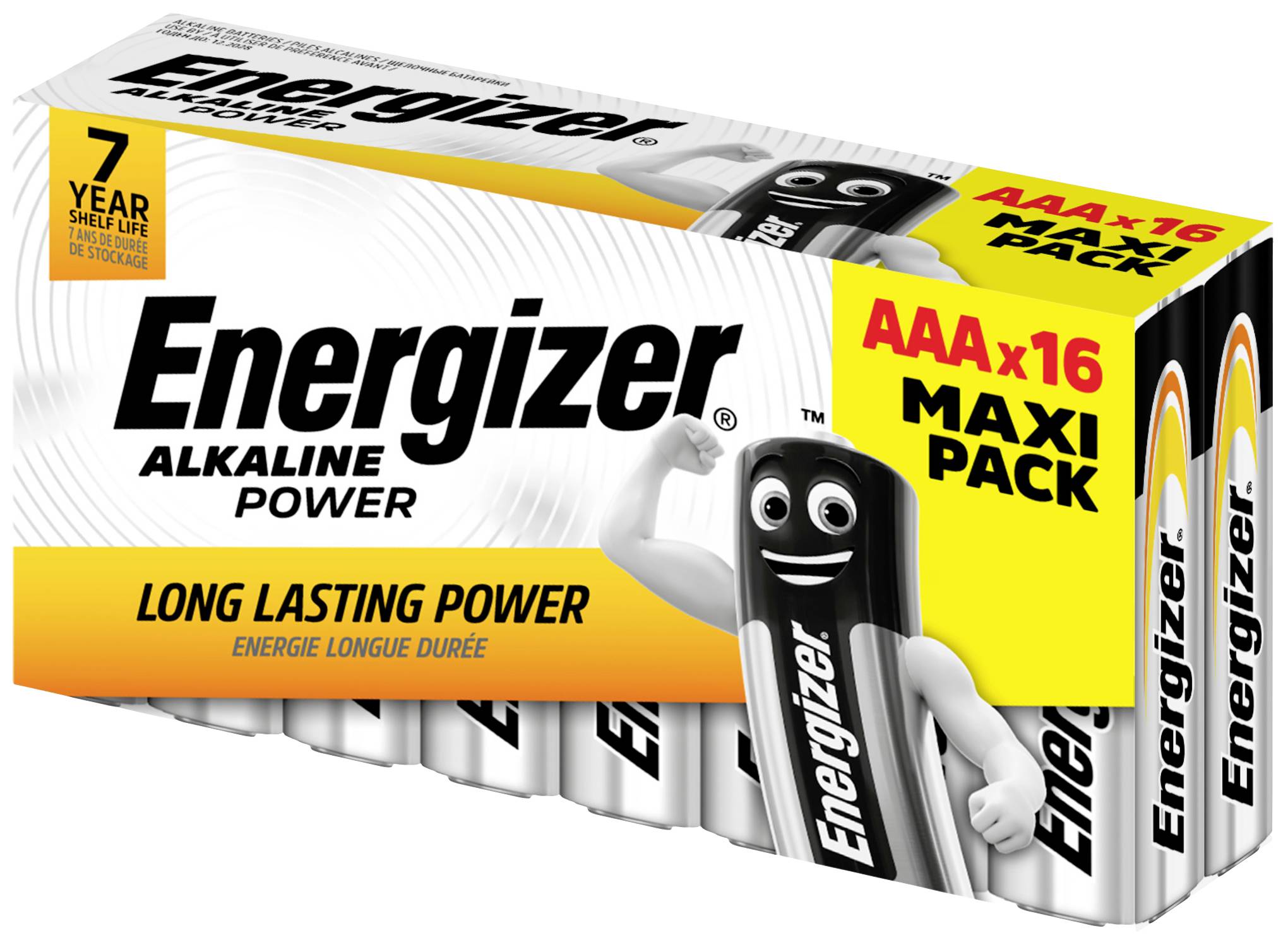 Batteriepack 'Energizer Alkaline Power', AAA, 16 Stück. Lang anhaltende Leistung, 7 Jahre Lagerfähigkeit. Verpackung zeigt Batteriemaskottchen.