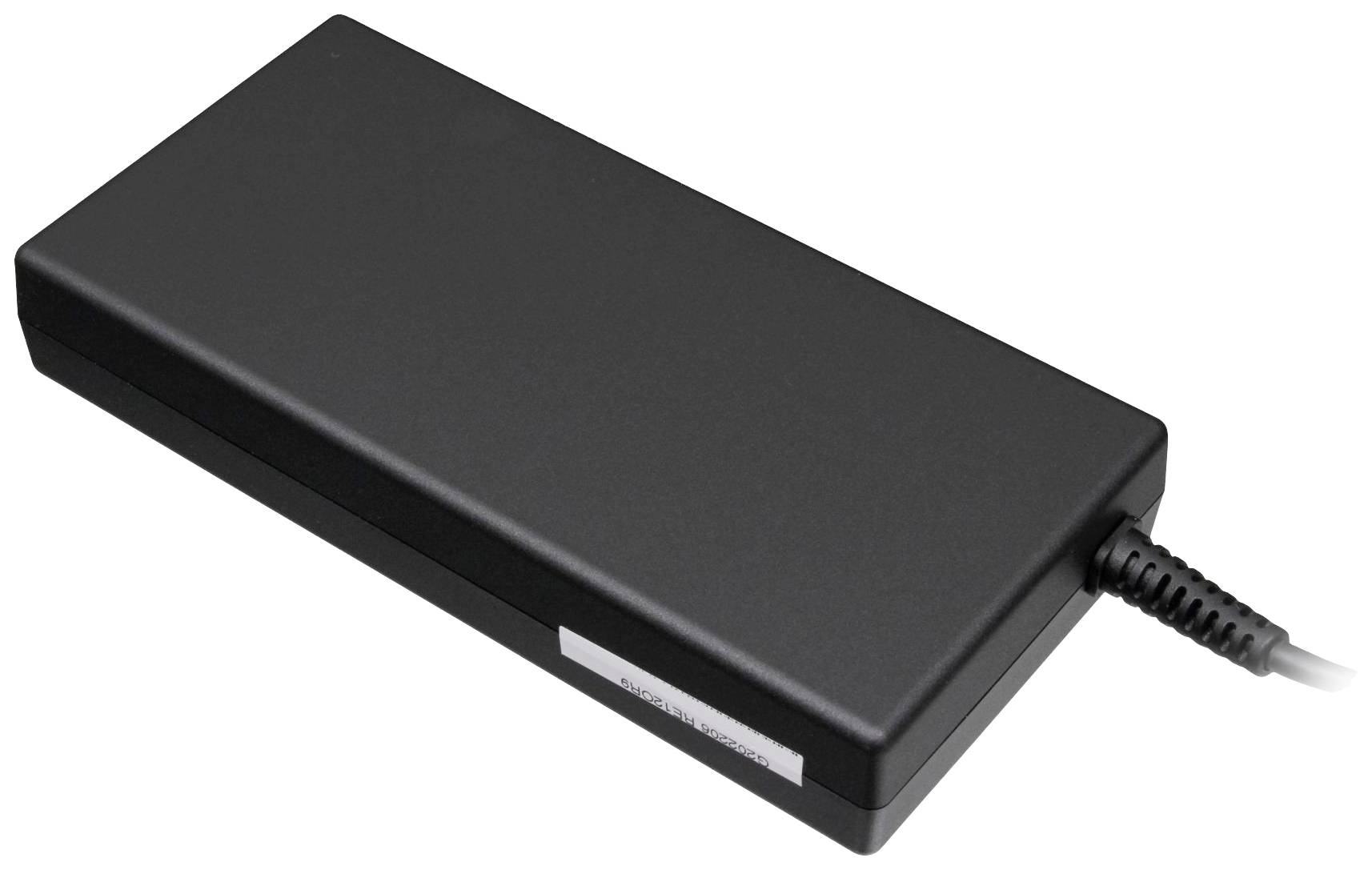 Schwarzes rechteckiges Netzteil mit Kabel, das für elektronische Geräte verwendet wird.