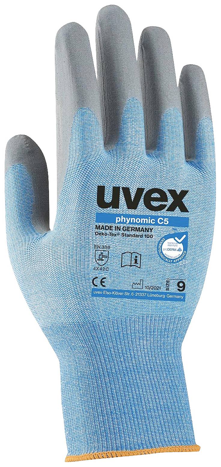Wiederverwendbarer Arbeitshandschuh von Uvex, grau-blau, für Hand- und Schnittschutz, Größe 9, 'phynomic C5', hergestellt in Deutschland.