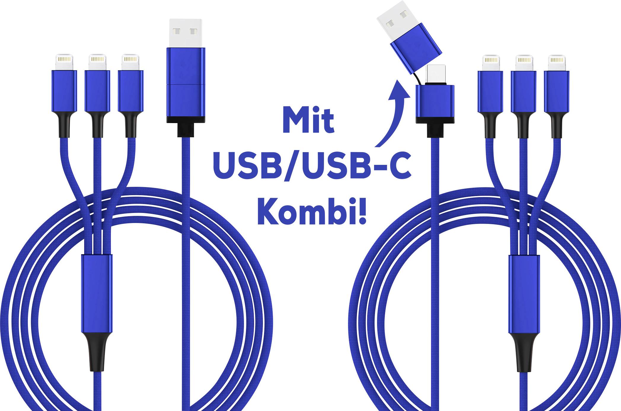 Zwei blaue Kabel mit USB- und USB-C-Anschlüssen, je drei Lightning-Stecker. Text: 'Mit USB/USB-C Kombi!'