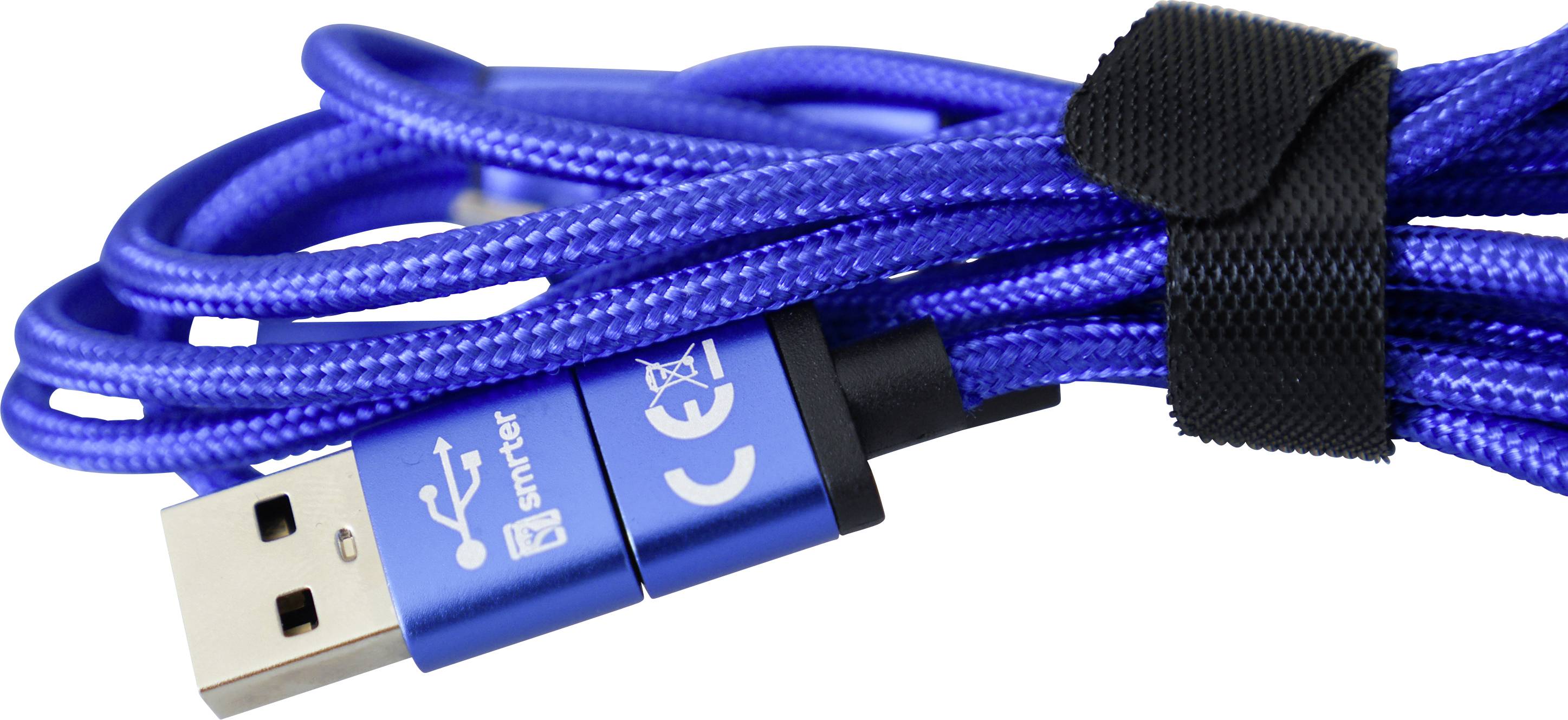 Blaues USB-Kabel mit texturierter Oberfläche und schwarzem Klettverschluss, zeigt Markenlogo und CE-Kennzeichnung auf dem Stecker.