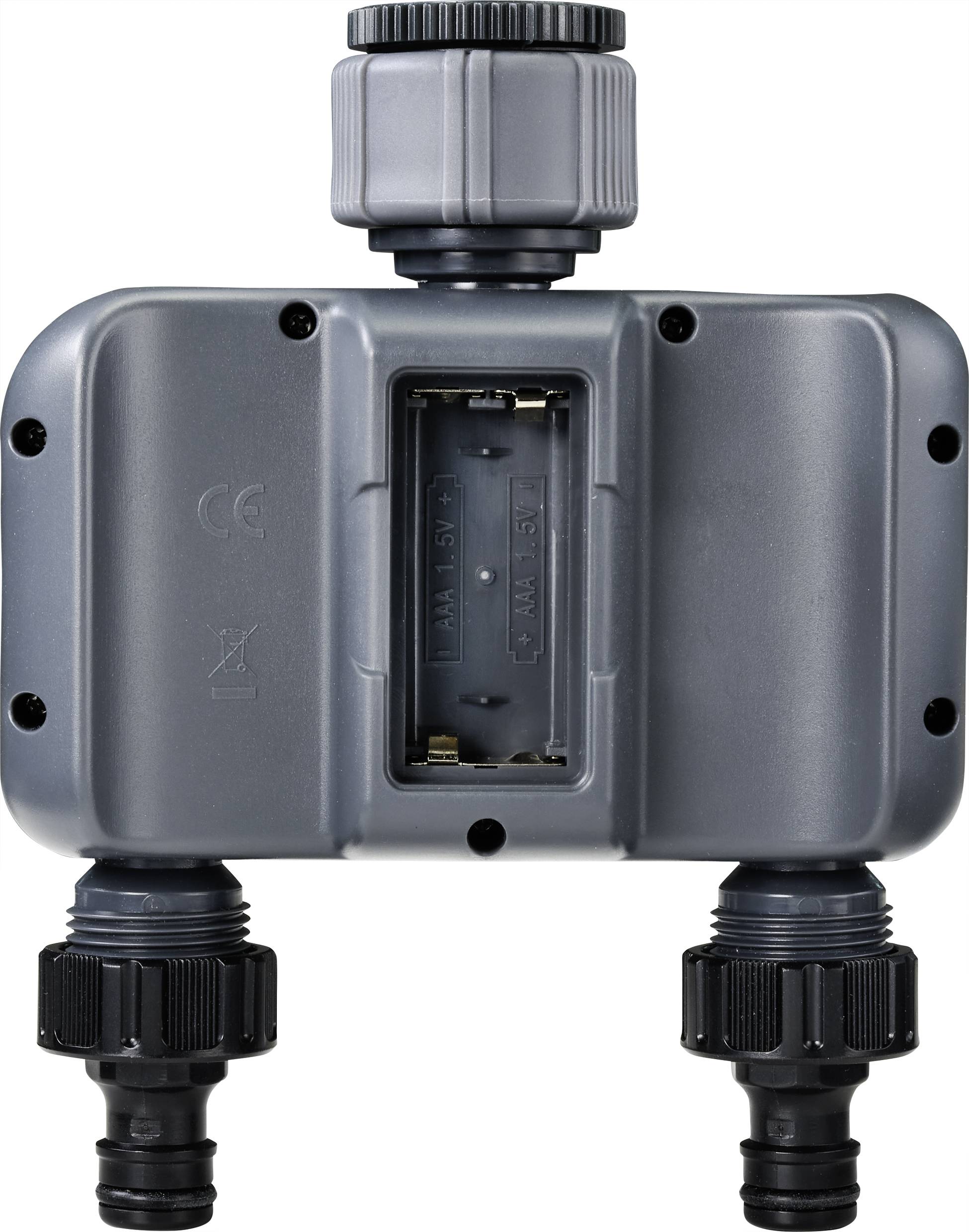 Rückansicht eines grau-schwarzen elektronischen Geräts mit zwei Anschlüssen und einem Batteriefach in der Mitte.