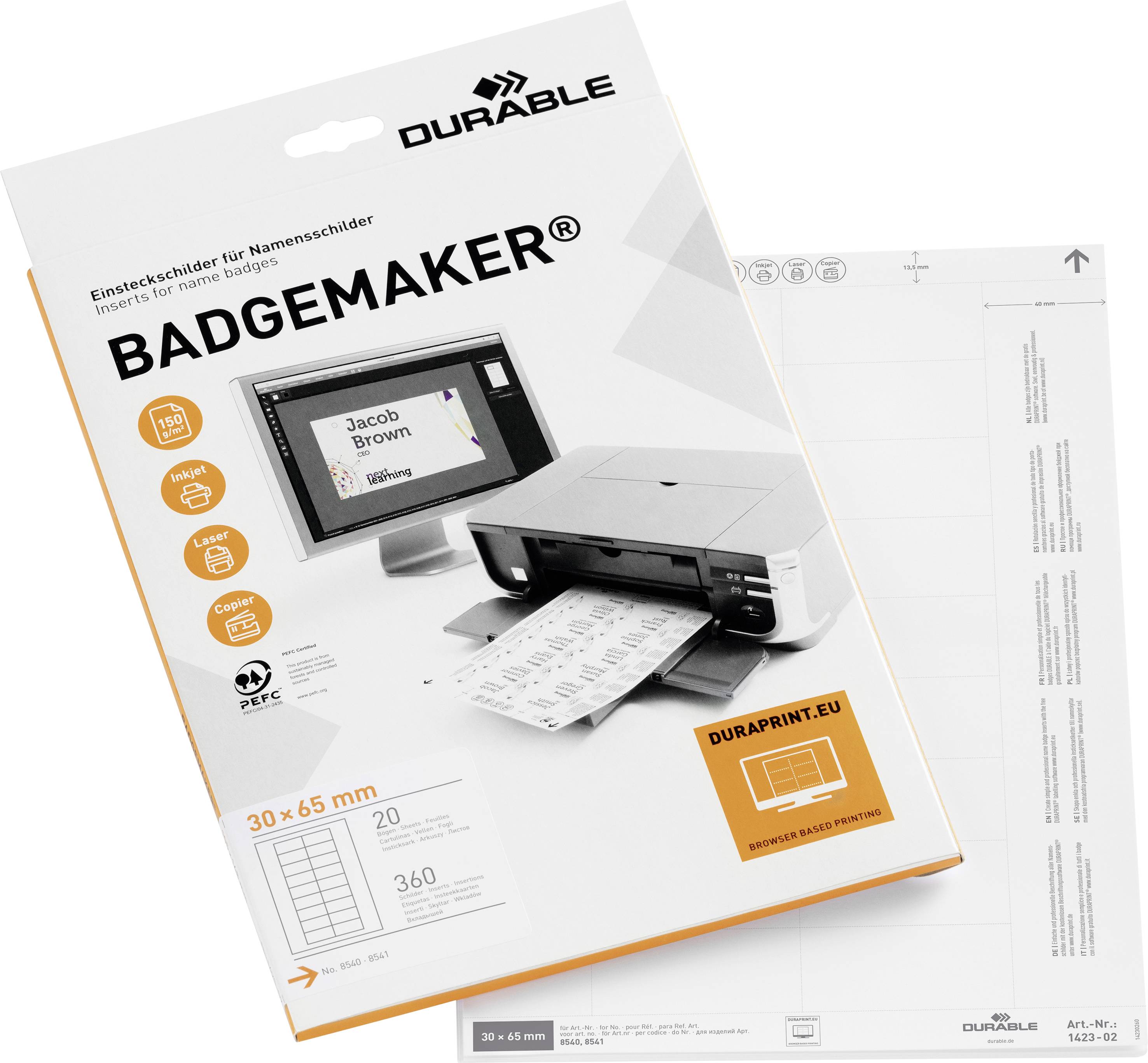 Durable 142302 Einsteckschild Namensschild 30mm x 65mm Weiß 360 St./Pack