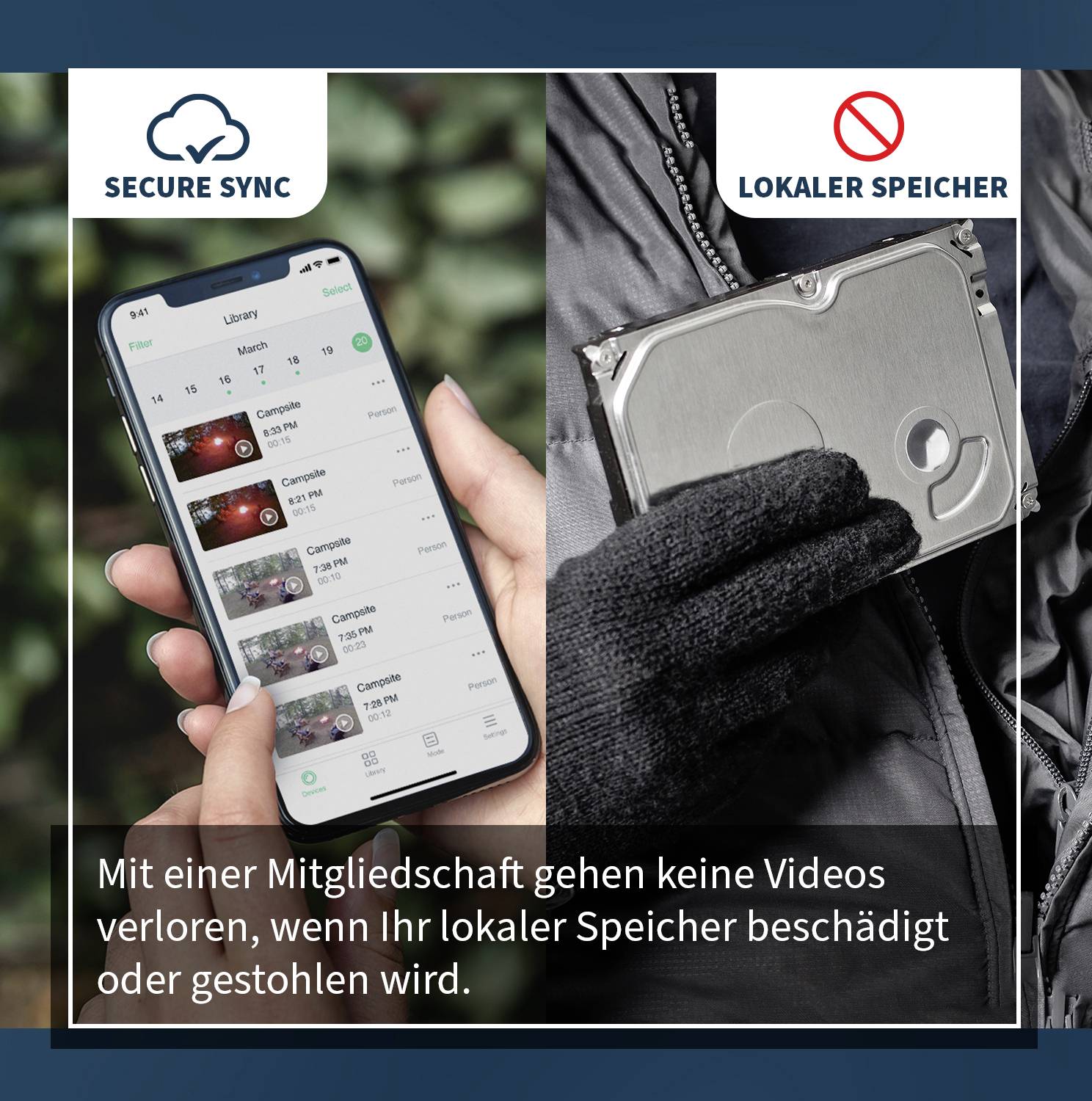 Ein Handy mit Cloud-Symbol zeigt Videoübersicht. Rechts ein defekter Datenträger. Text: 'Mit einer Mitgliedschaft gehen keine Videos verloren'.