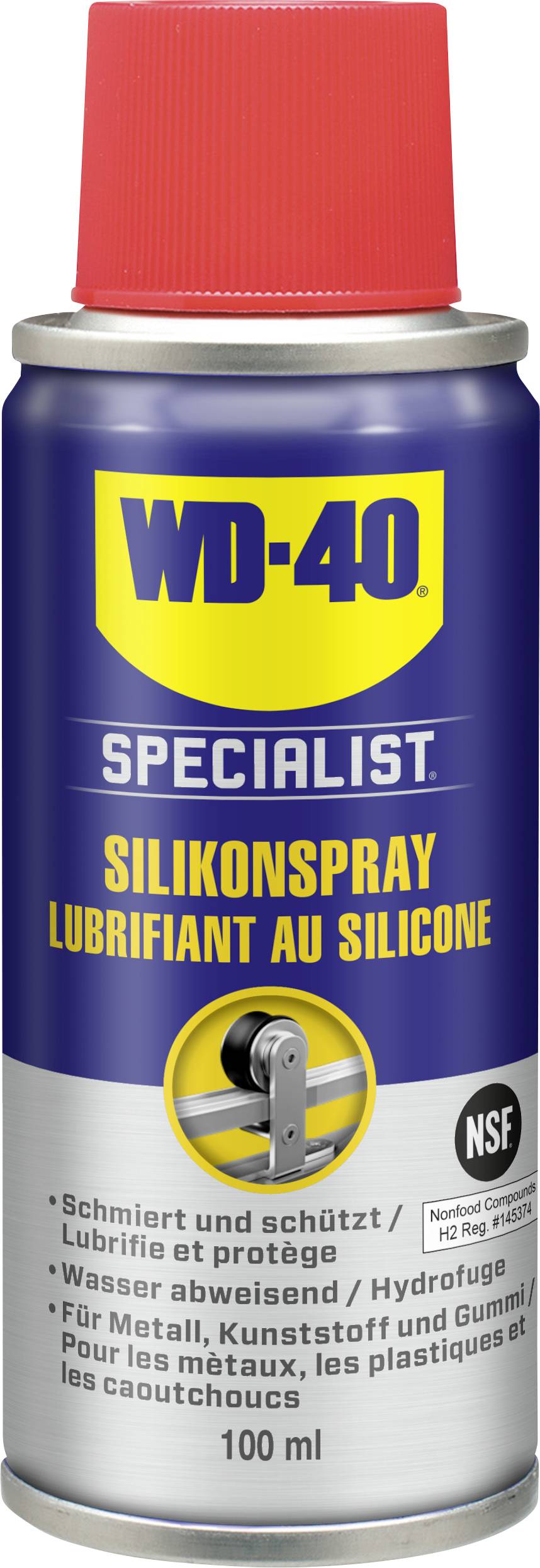 WD-40 Spraydose mit rotem Deckel und Etikett: 'Silikonspray'. Geeignet für Metalle, Kunststoffe und Gummi, wasserabweisend, 100 ml.