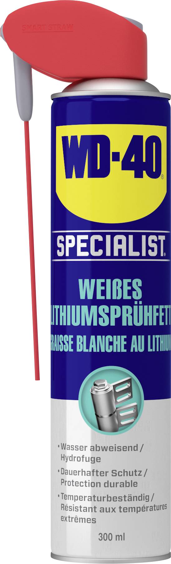 Sprühdose 'WD-40 Specialist Weißes Lithiumsprühfett', 300 ml, mit rotem Sprühkopf und schmalem Schlauch zur präzisen Anwendung, für Schutz und Schmierung.