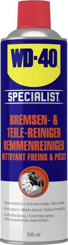 Sprühdose mit blauem Etikett, gelbem 'WD-40'-Logo, wird als 'Bremsen- & Teile-Reiniger' bezeichnet, 500 ml Inhalt.