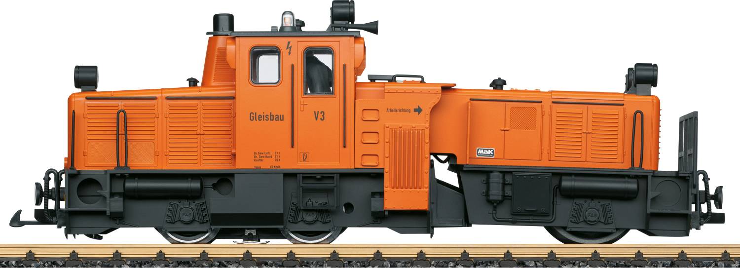 Eine orangefarbene Lokomotive auf einem Gleis. Die Beschriftung 'Eisenbahn V3' ist auf der Seite zu sehen.