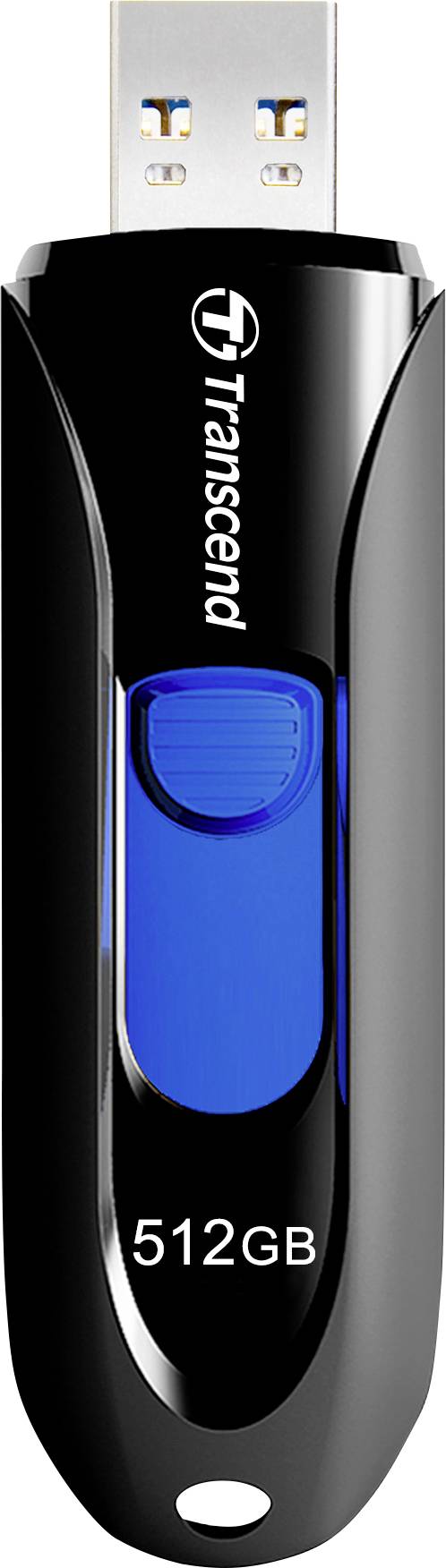 Ein schwarzer USB-Stick von Transcend mit blauer Taste und der Speichergröße von 512 GB.