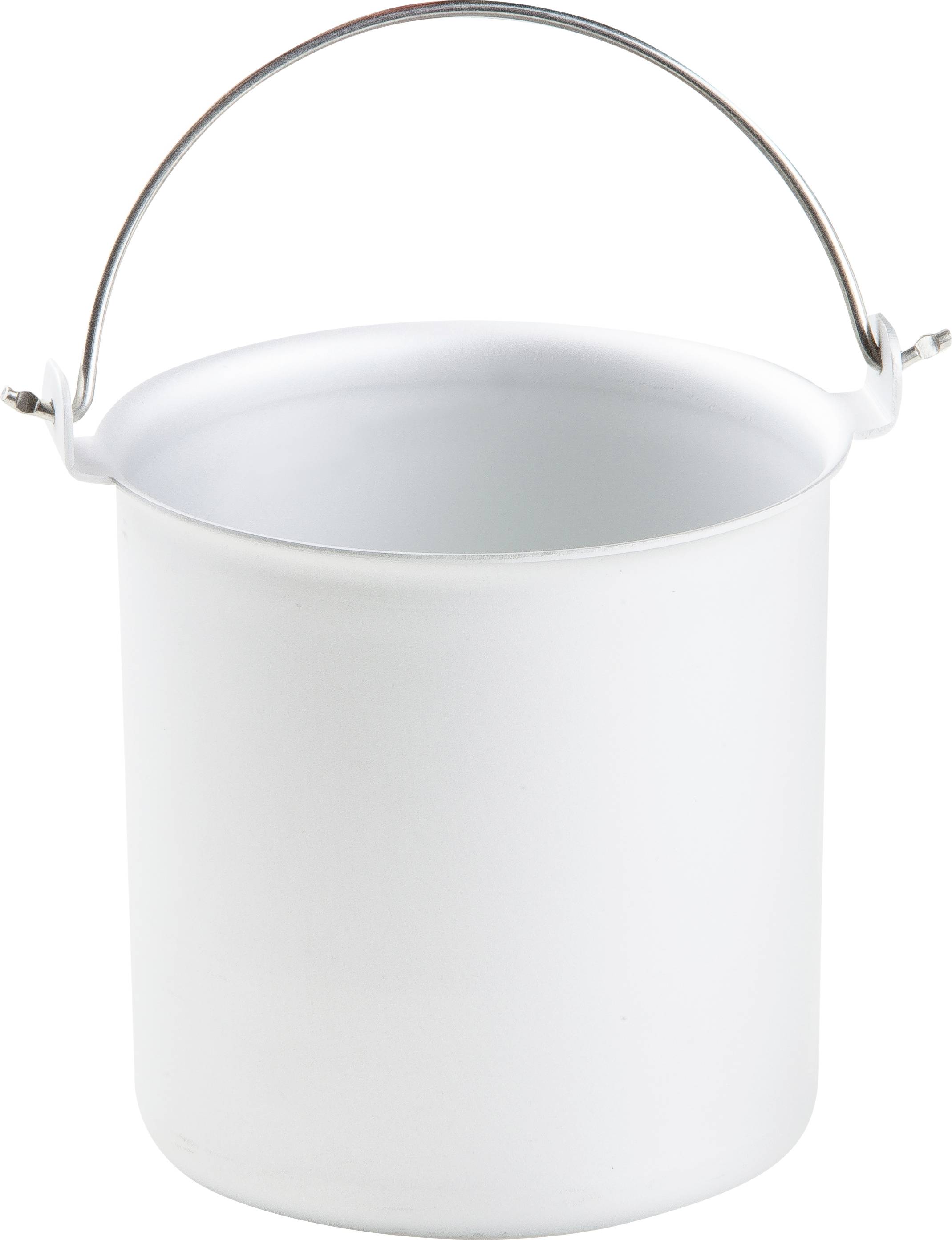 Ein einfacher, weißer Farbeimer aus Metall mit Griff, leer und aufrecht stehend.