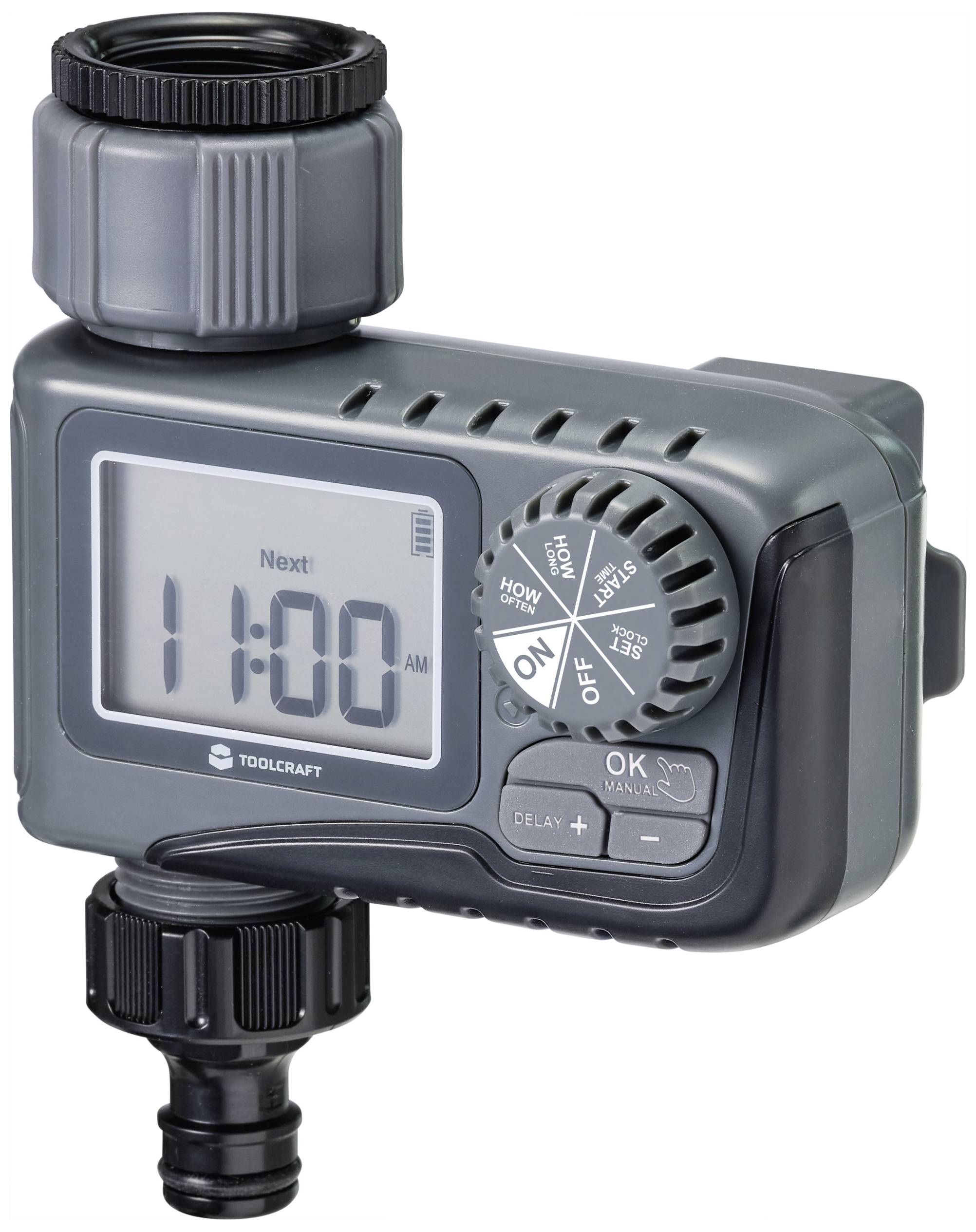 Digitaler Bewässerungs-Timer mit großem Display und Drehknopf zur Einstellung, zeigt aktuelle und nächste Startzeit für die Bewässerung an.