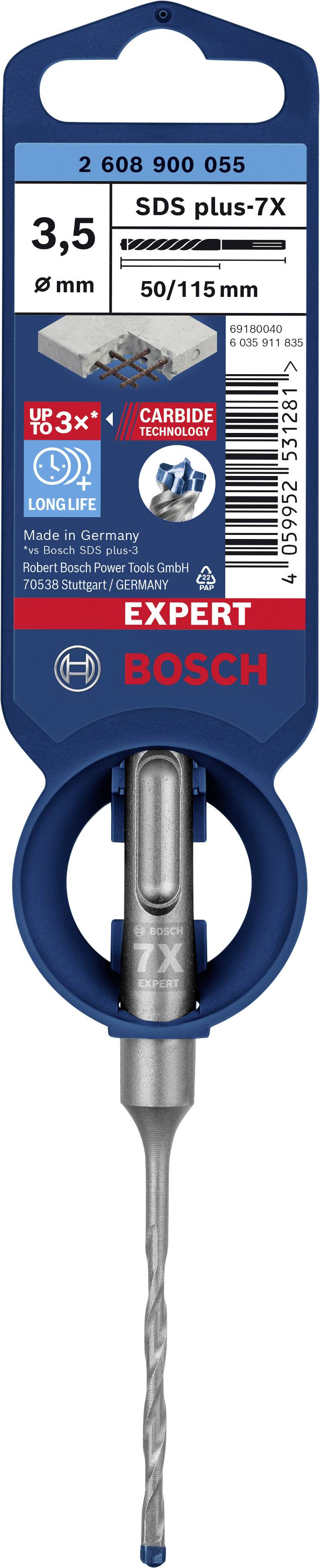 Bohrerpackung der Marke Bosch mit einem 3,5 mm SDS plus-7X Bohrer, geeignet für Beton. Verpackung zeigt 5x längere Lebensdauer.