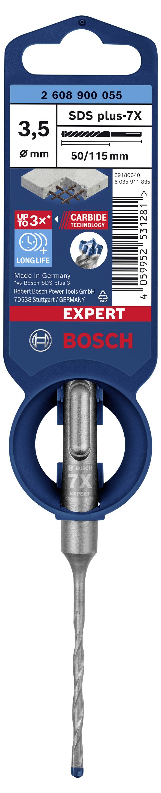 Bosch SDS plus-7X Bohrer, 3,5 mm Durchmesser, Gesamtlänge 115 mm, Nutzlänge 50 mm, langlebig und robust, Carbide-Technologie.