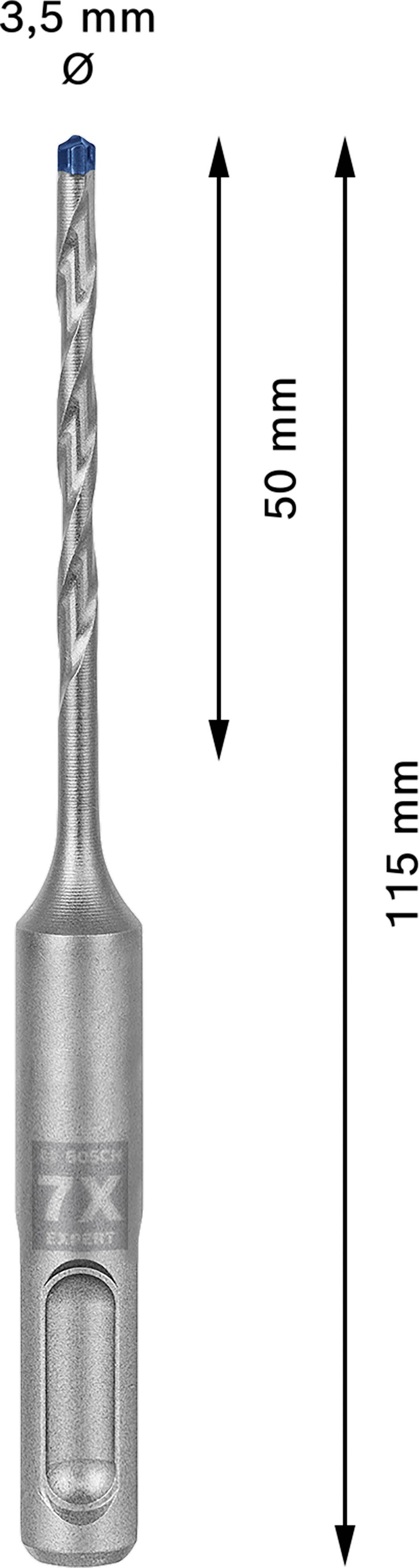 Bohrer mit Durchmesser von 3,5 mm, Gesamtlänge 115 mm, Nutzlänge 50 mm. Oben blauer Punkt. Etikett zeigt: '7X'.