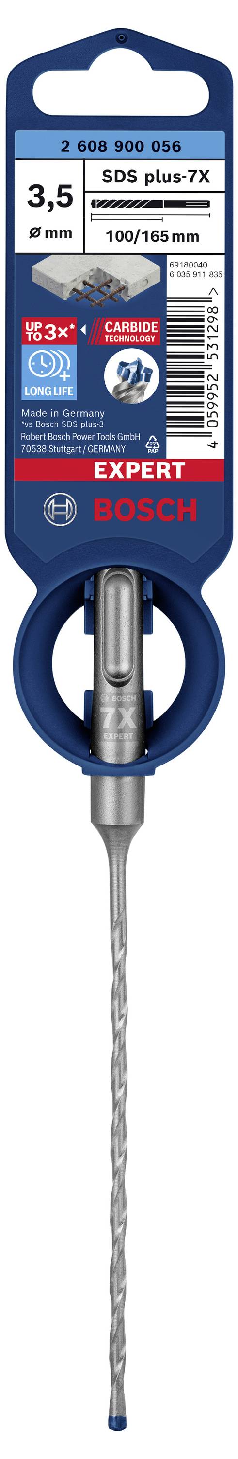 'Bosch 3,5 mm SDS plus-7X Bohrer', 100/165 mm, Verpackung mit Bohrerabbildung, für präzises Bohren in harten Materialien.