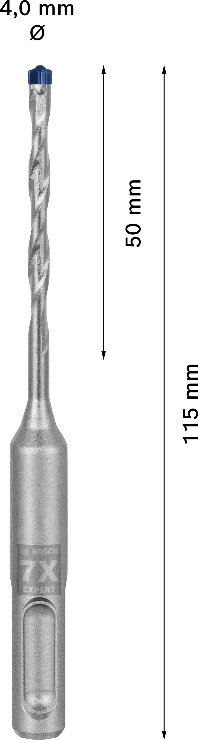 Bohrer mit 4,0 mm Durchmesser, Gesamtlänge 115 mm, Schneidtiefe 50 mm, zeigt verstärktes Design mit blauem Akzent oben.