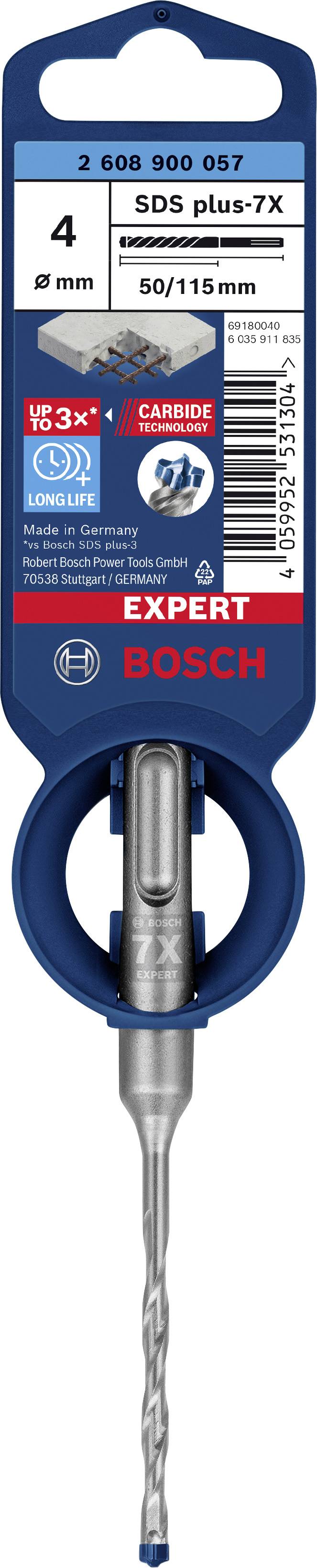 Bohrer SDS plus-7X von Bosch, Durchmesser 4 mm, Länge 50/115 mm, geeignet für harten Beton und verstärken Materialien.