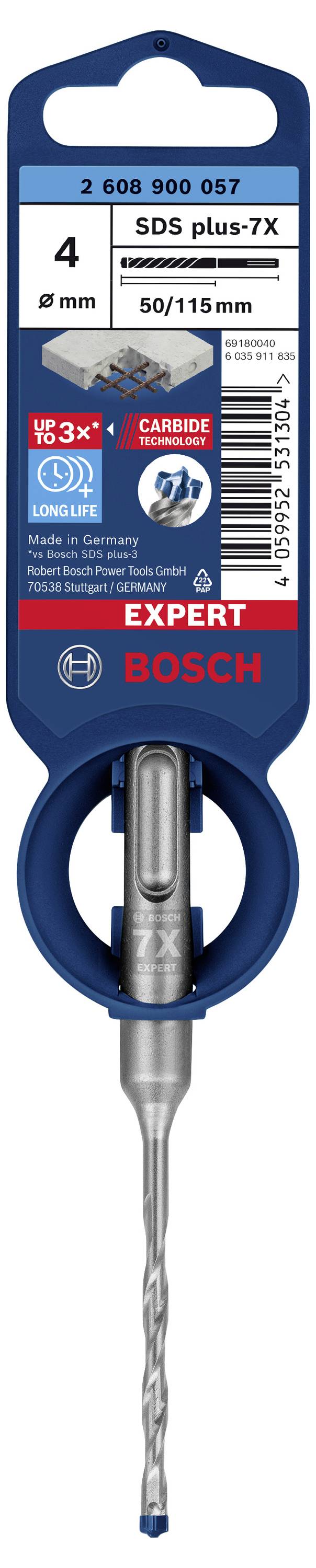 Bohrer 'SDS plus-7X' von Bosch, 4 mm Durchmesser, 50/115 mm Länge, für Beton und Stahlbeton, langlebig mit Hartmetallspitze.
