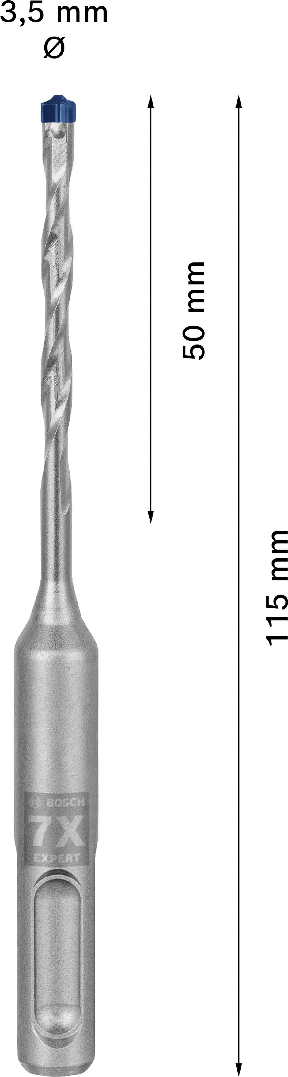 Bohrer mit Durchmesser 3,5 mm, Länge 115 mm. Nutzbare Länge 50 mm. Silberfarben mit blauem Kopf. Geeignet zum Bohren in diverse Materialien.