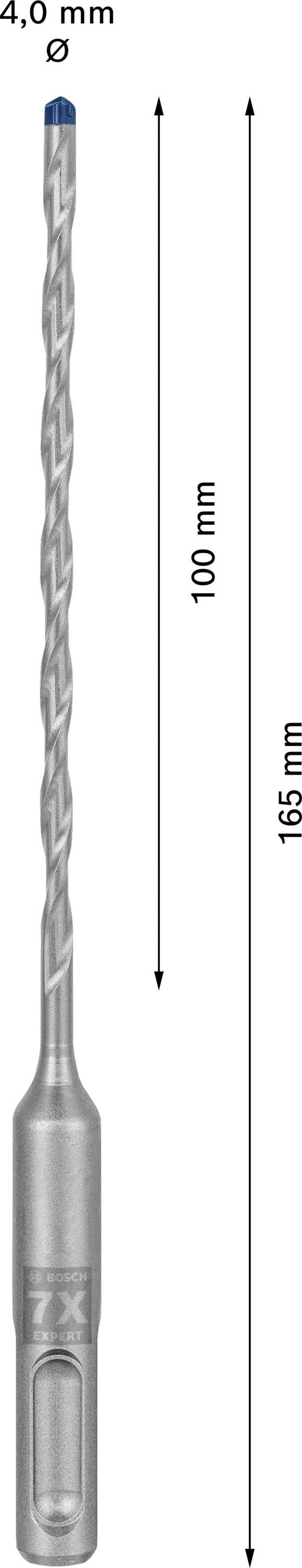 'Bohrer mit Durchmesser 4,0 mm' und Gesamtlänge 165 mm; Nutzlänge 100 mm. Silberner Schaft mit Spiralbohrdesign.