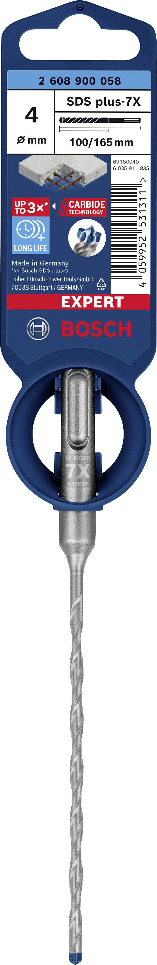 Bosch SDS plus-7X Bohrer 4x100/165 mm, passend für Beton. Verpackung zeigt Produktmerkmale und technische Spezifikationen.