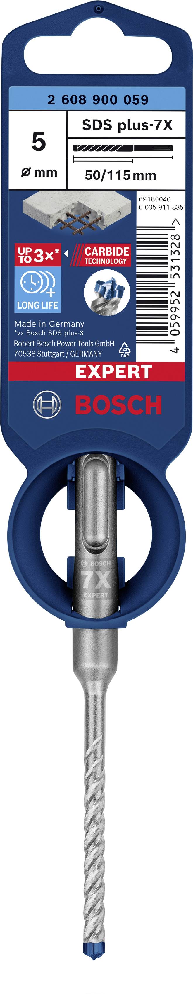 Bau- und Bohrzubehör von Bosch: SDS-plus-7X Bohrer mit 5 mm Durchmesser, 50/115 mm Länge, verstärktem Kopf und langlebiger Leistung.