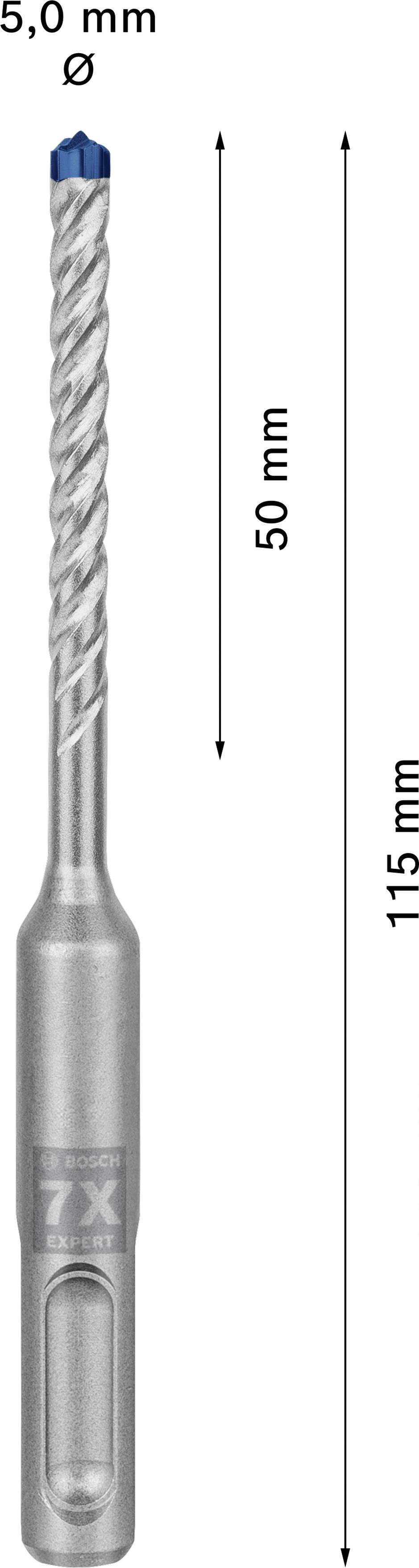 '5,0 mm' Bohrer mit einer Gesamtlänge von 115 mm und einer Nutzlänge von 50 mm. Geeignet für den Einsatz in Beton- und Mauerwerksbohrungen.