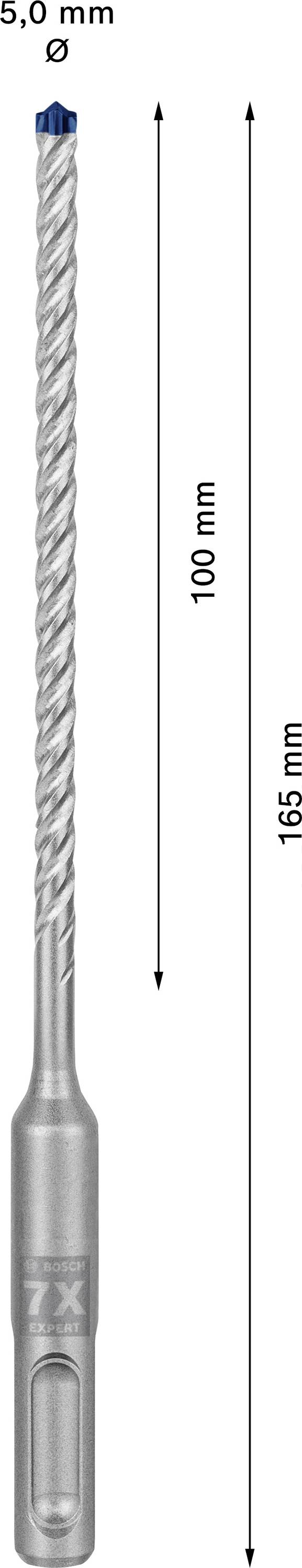 Bohraufsatz mit 5,0 mm Durchmesser, 100 mm Länge, 165 mm Gesamtlänge.