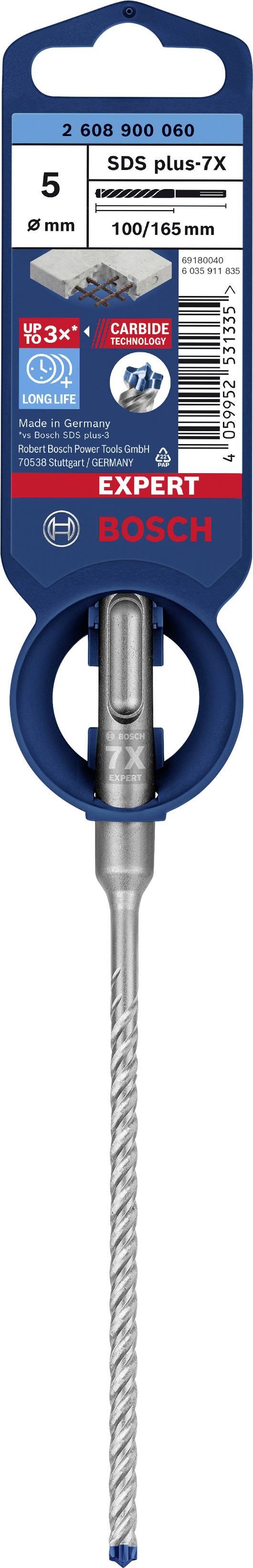 Bohraufsatz von Bosch, SDS plus-7X, Durchmesser 8 mm, Gesamtlänge 110 mm, 5 Stk, Verpackung mit blauer Aufhängung.
