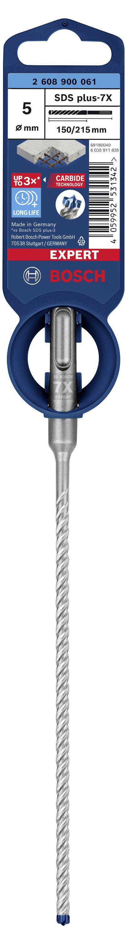 Bohrer mit SDS plus Aufnahme, Größe 5 x 165 mm, für Beton. Verpackung zeigt Markenlogo und technische Spezifikationen.