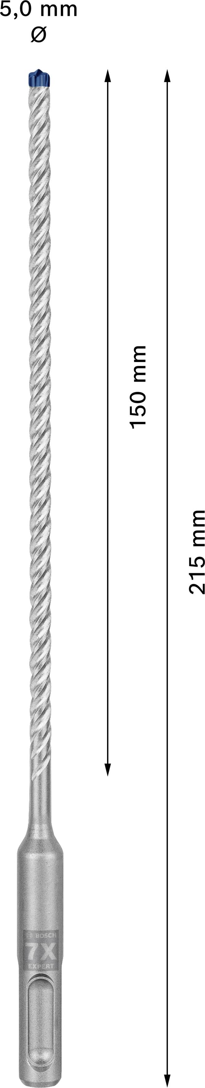 Bohrer mit einem Durchmesser von 5 mm und einer Gesamtlänge von 215 mm, wobei der Bohrteil 150 mm lang ist.