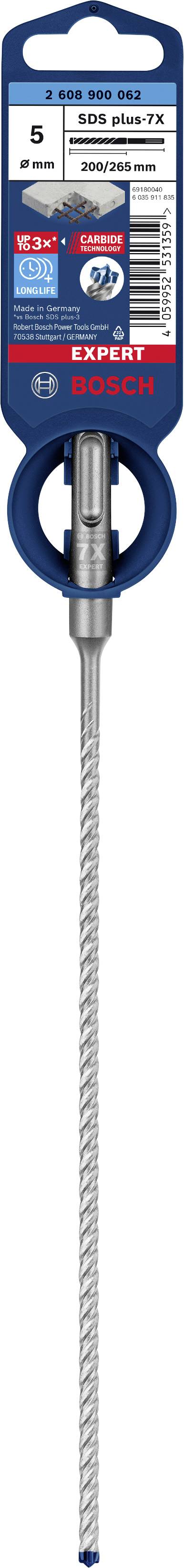 'Bosch' Bohrer 'SDS-Plus-7X', 5x50x115mm, geeignet für Beton und Stahlbeton; Verpackungsansicht mit Etikett und technischen Details.