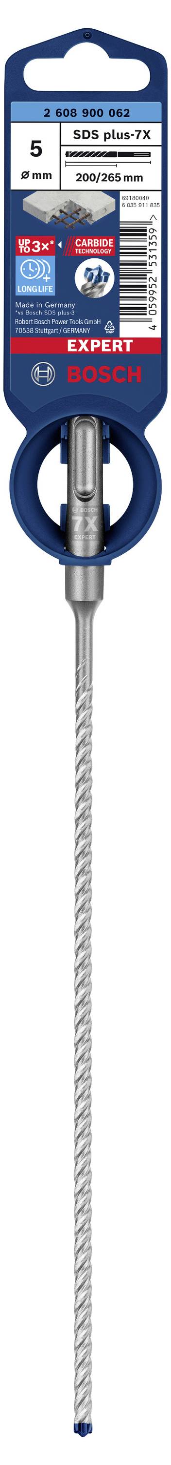 SDS plus-7X Bohrer von Bosch, Größe 5 mm. Verpackungsdetails mit Informationen zur Kompatibilität und Leistungsfähigkeit.