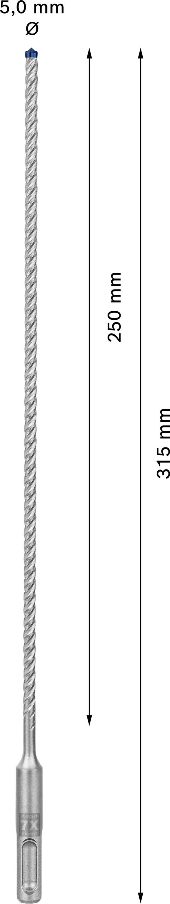 Bohraufsatz mit einem Durchmesser von 5,0 mm, einer nutzbaren Länge von 250 mm und einer Gesamtlänge von 315 mm.