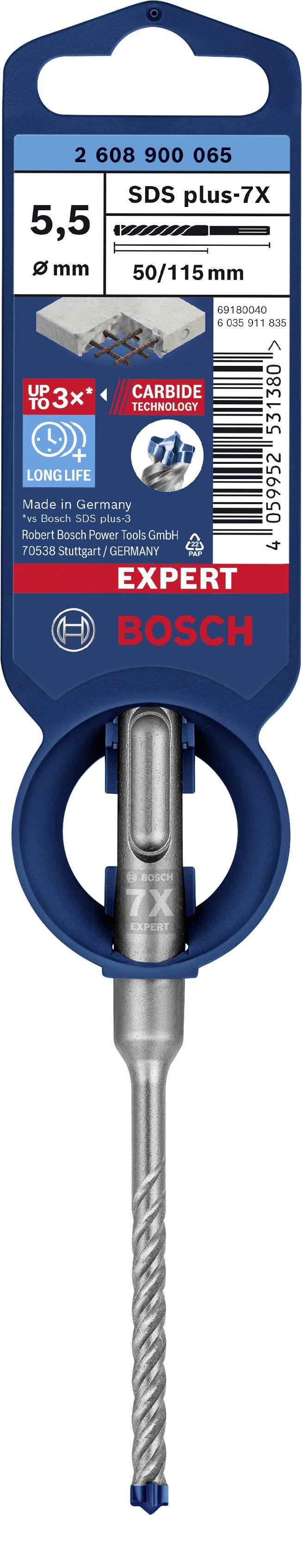 Ein Bohrer von Bosch, SDS plus-7X, Durchmesser 5,5 mm, Länge 50/115 mm, geeignet für Stahlbeton. Verpackungsaufdruck mit Produktspezifikationen.
