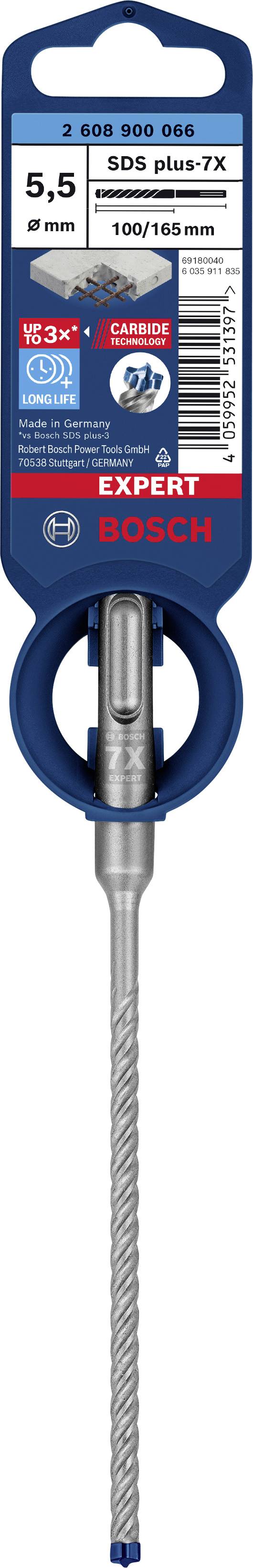 Bohrerstift von Bosch, 5,5 mm, zum Bohren in Beton und Stein, SDS plus-7X Serie, verpackt mit blauer Kunststoffhalterung.