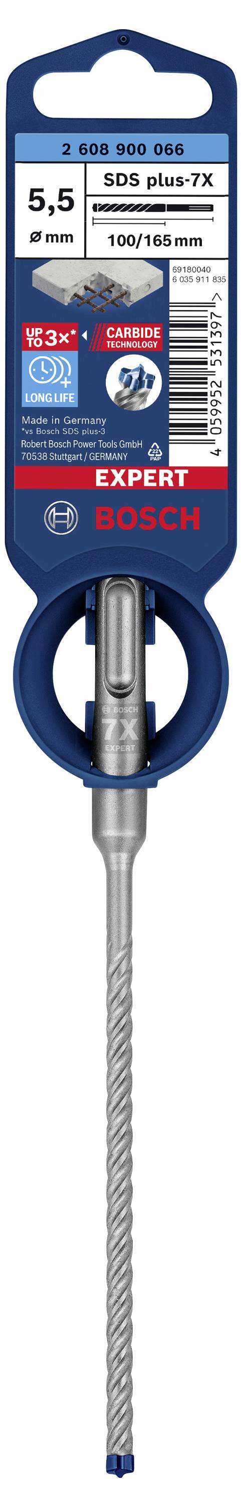 Bohrer-Verpackung von Bosch: Expert-Serie, SDS plus-7X, Durchmesser 5,5 mm, Länge 100/165 mm, geeignet für Beton und Granit.