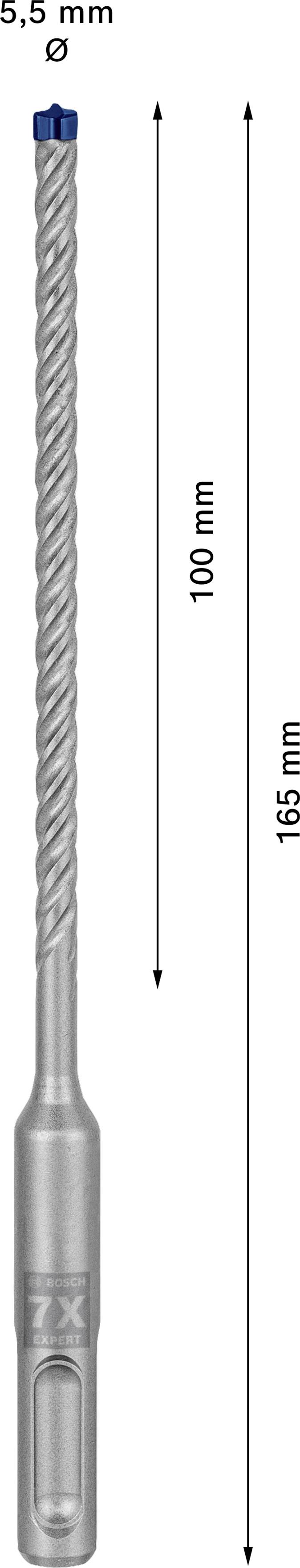 Bohrer mit 5,5 mm Durchmesser und 165 mm Länge. Markierungen zeigen 100 mm Bohrtiefe. Ideal für präzises Bohren in festen Materialien.