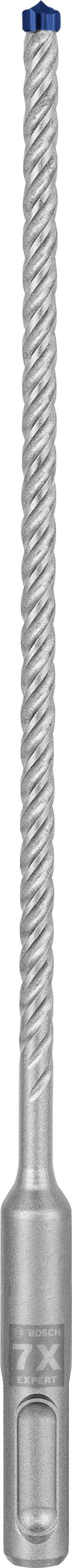 Grauer Bohrer mit blauer Spitze, geeignet für Betonarbeiten, spiralförmiges Design zur Staubentfernung, robust und langlebig.